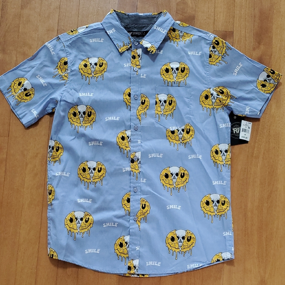 Mens RF Brand Melting SMILEY Face & Skulls 100% Cotton Shirt Size M L XL  NWT